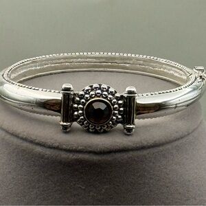 Heavy Silver Tone Hinged Bangle Bracelet Brown Stone 40g